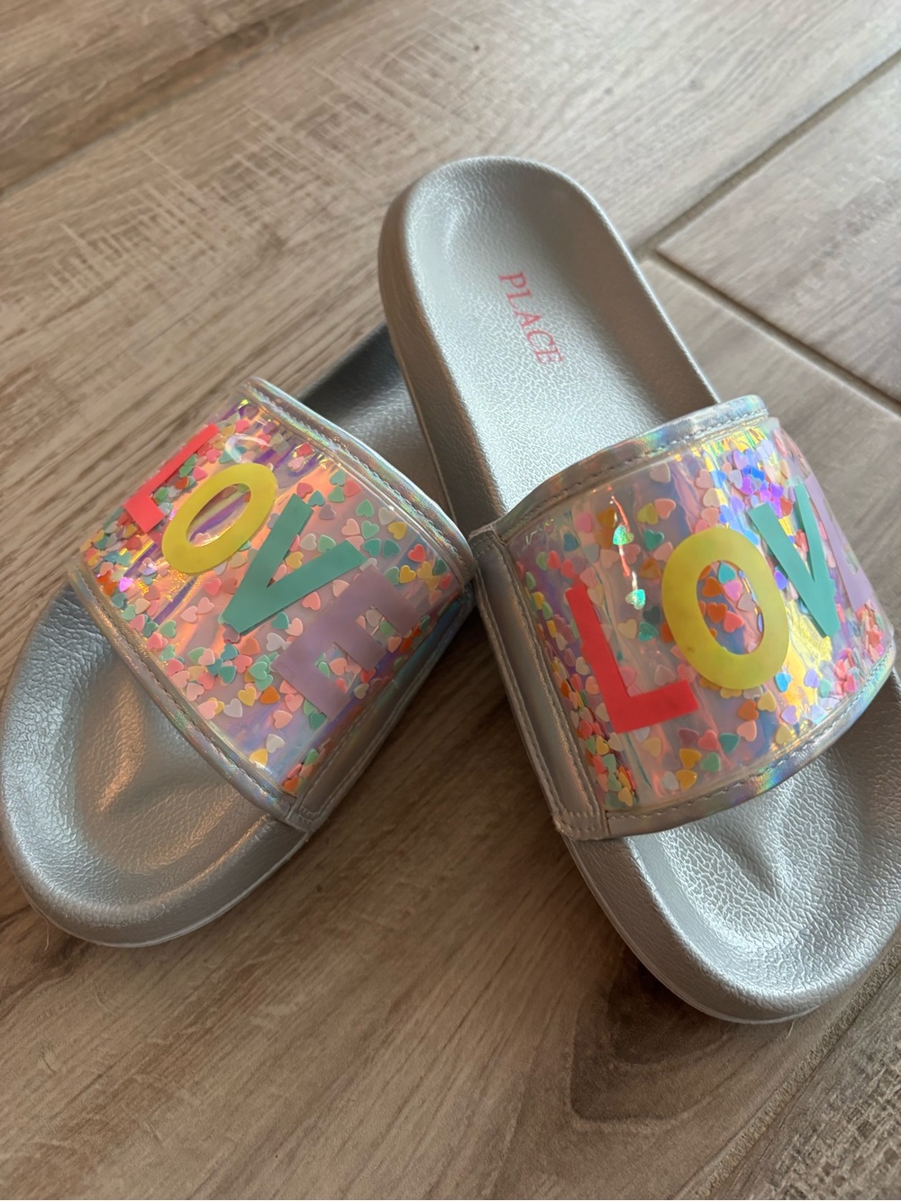 Place Girls' Silver Slide Sandals with Multicolor 'LOVE' Glitter Strap